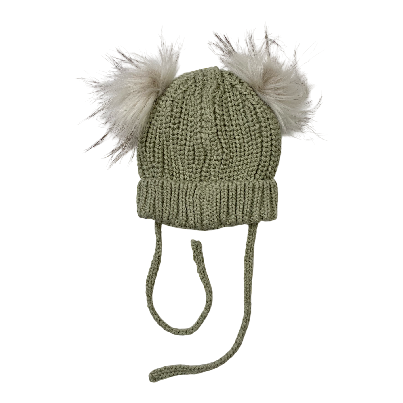 Metsola knitted cotton beanie with poms, tea green | 1-2y