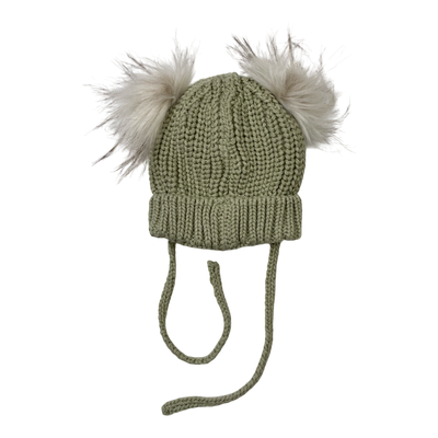 Metsola knitted cotton beanie with poms, tea green | 1-2y