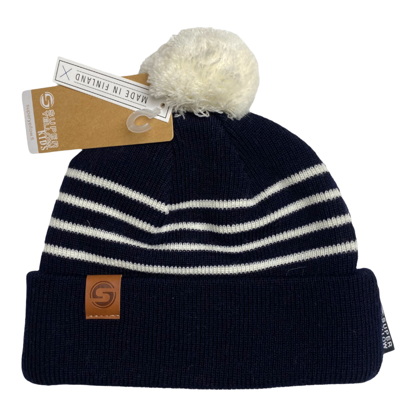 Superyellow little skipper junior pom merino beanie, dark blue | 46/50cm