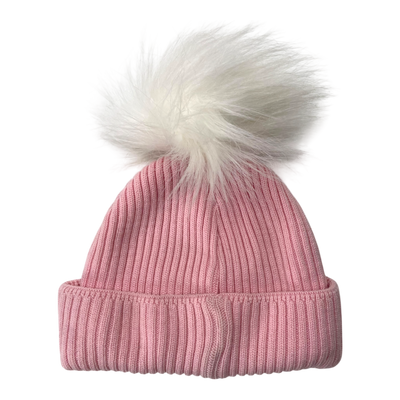 Metsola cable knit merino beanie with pom, pink | 6-8y