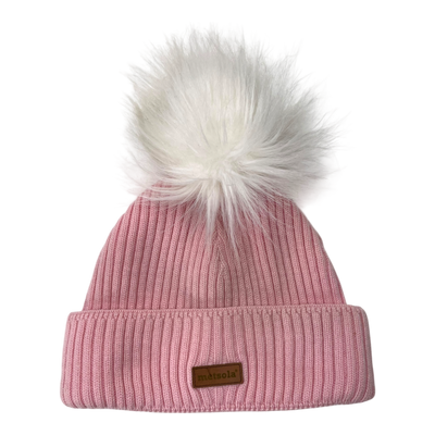 Metsola cable knit merino beanie with pom, pink | 6-8y