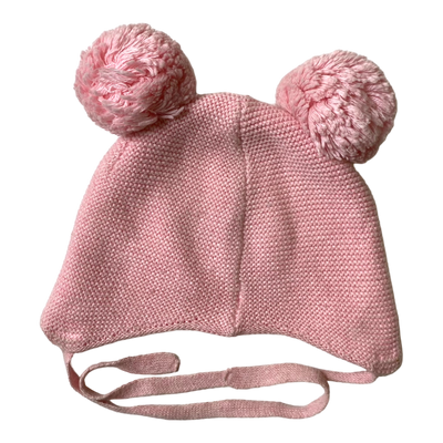 Metsola knitted cotton beanie with poms, pink | 6-12m