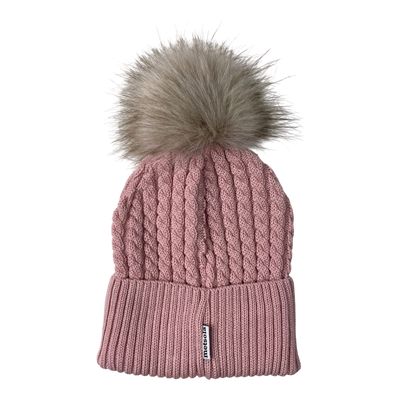 Metsola cable knit merino beanie with pom, pink | 5-6y