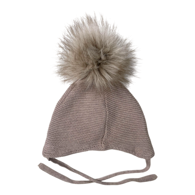 Metsola knitted cotton beanie with pom, beige | 6-12m