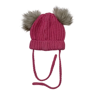 Metsola knitted merino wool beanie with fur poms, hot pink | 6-12m