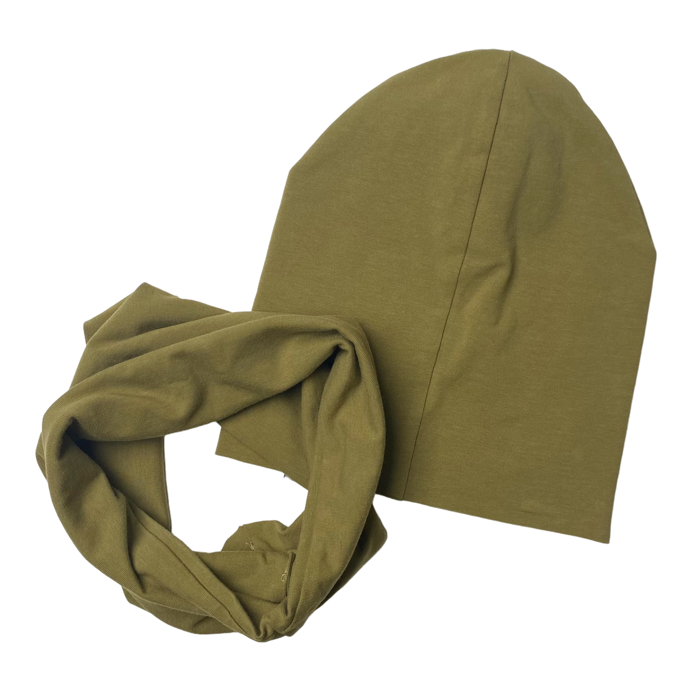 Kaiko tricot beanie and tube scarf, olive | M