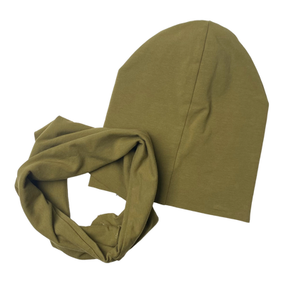 Kaiko tricot beanie and tube scarf, olive | M