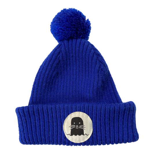 Superyellow junior pom merino beanie, blue | 50-54cm
