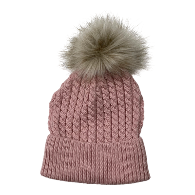 Metsola cable knit merino beanie with pom, pink | 7-8y
